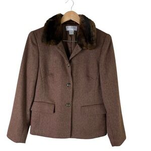 Talbots Faux Fur Collar Wool Herringbone Tweed Button Front Jacket in Brown Sz 8